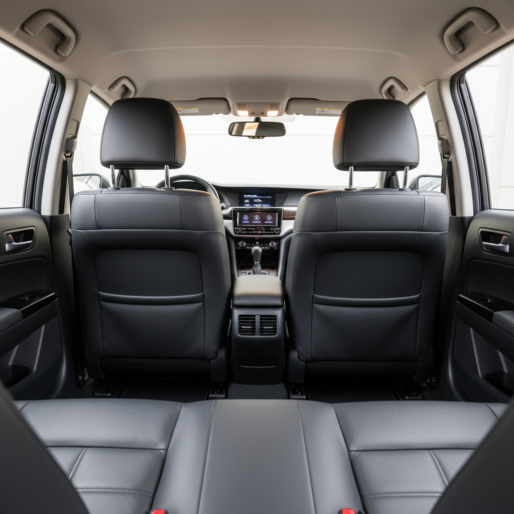 An immaculately clean taxi vehicle interior showcasing structured, charcoal-gray leather seats with subtle stitching, gleaming chrome headrest bars, and neutral-toned door panels. The seats are symmetrically arranged, highlighting generous legroom and a meticulous finish. The car’s built-in multilingual communications panel is visible, featuring discrete icons. Ambient overhead lighting softly illuminates the interior, generating gentle reflections and creating a calm, orderly, and welcoming mood. The photograph is taken from the back seat with a wide, balanced composition and sharp focus throughout, presenting an inviting yet corporate atmosphere ideal for international airport travelers who value comfort and professionalism. The artistic approach is photorealistic and minimalist, in harmony with a structured business aesthetic.