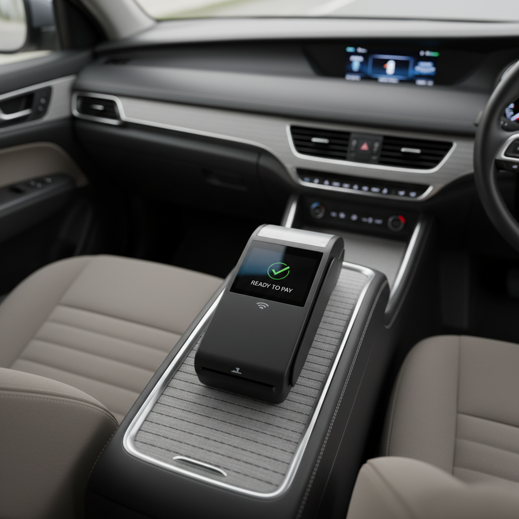 A minimalist, pristine credit card terminal with a smooth matt-black finish rests on the structured dashboard of a clean, modern taxi. The dashboard features subtle silver accents and tactile textures, evoking professionalism and modern convenience. In the background, the cab’s neutral-toned interior is softly blurred, with hints of clean stitching and organized instrument panels. The lighting is a balanced blend of natural daylight filtering through the windshield and subtle in-car ambient lighting, creating a serene, calm, and trustworthy mood. Photographed from a slightly elevated angle with a shallow depth of field, the composition emphasizes the payment terminal as the focal point, reinforcing the theme of effortless, high-tech in-car card payments for business travelers. The visual style is clean, structured, and corporate.