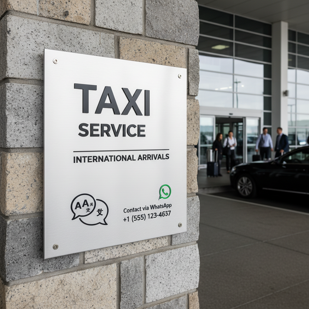 A meticulously detailed taxi service sign, crafted with brushed aluminum and matte black acrylic lettering, is mounted on a pillar near an arrivals curb. The sign features clear, minimalist icons denoting multilingual support and contact via WhatsApp, all set against a softly textured stone backdrop of the airport exterior. Natural diffused lighting from an overcast sky reduces glare, creating crisp, readable shadows without harsh contrasts. The image’s mood is approachable yet highly professional, emphasizing seamless communication and international service. Framed within the rule of thirds for clear visual hierarchy, the photographic composition balances the clean, modern signage with architectural elements, conveying reliability and clarity for business clients seeking airport transfers.