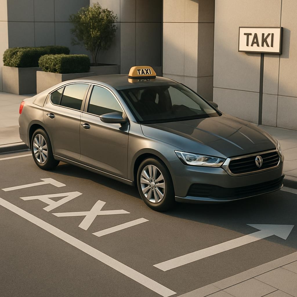 A high-resolution image of a contemporary taxi parked at a well-organized, designated taxi rank marked with bold, clean-lined pavement graphics and neutral-toned directional signs. The taxi is finished in understated metallic gray with polished chrome accents, reflecting the neutral textures of the modern urban landscape. The surrounding environment includes structured planters and minimalist architectural elements, all arranged in a precise, uncluttered way. Soft, diffused daylight gracefully illuminates the setting, casting long, gentle shadows and highlighting the taxi’s contours. The overall mood is efficient and reassuring, captured from a wide-angle, slightly elevated composition that provides a strong sense of structure and spatial clarity. This image epitomizes the professional standards of a city taxi service specializing in airport transfers.
